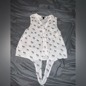 Forever 21 Zebra Print Sleeveless Blouse Button Tie